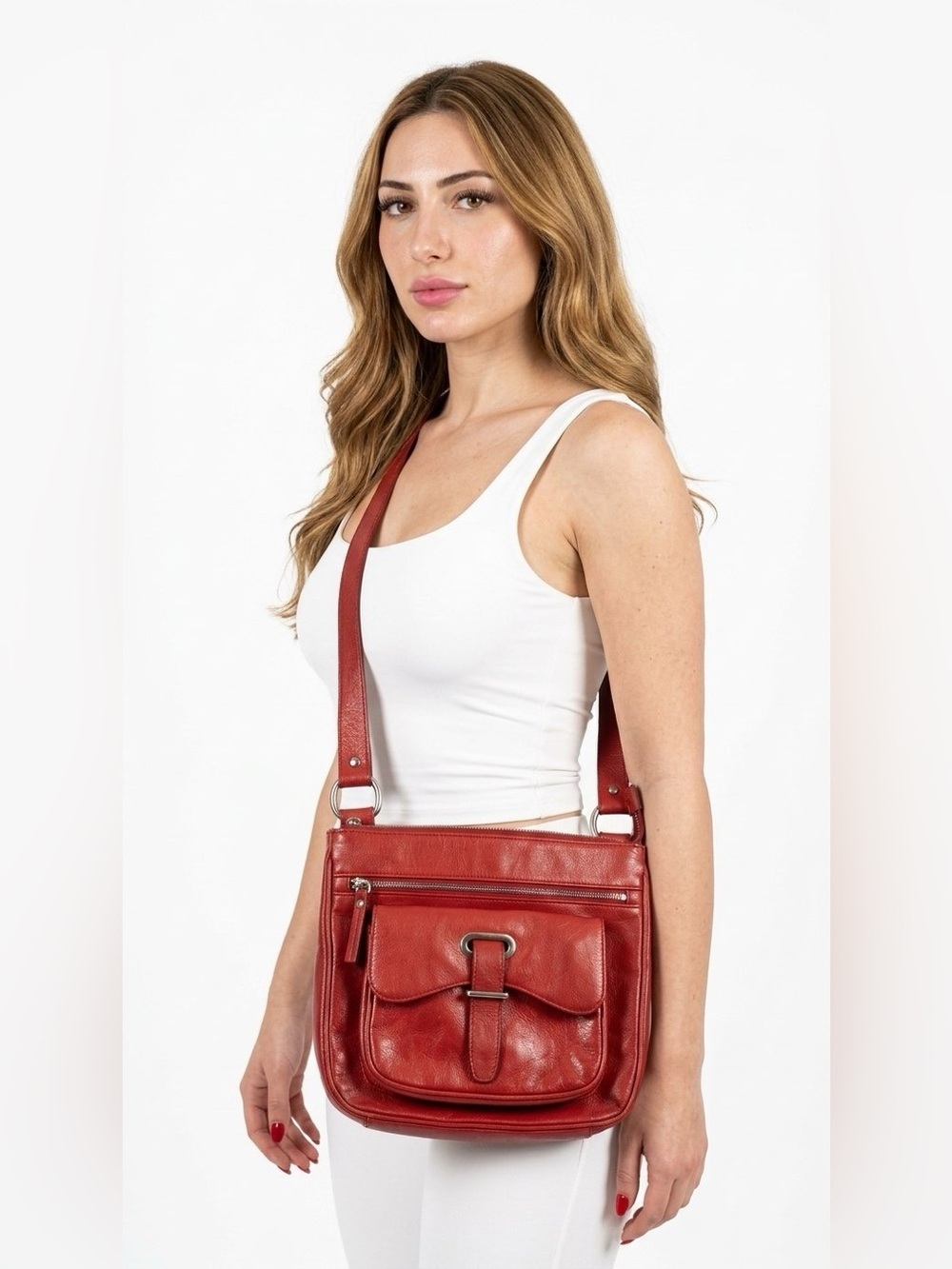 DANIER RED LEATHER CROSSBODY BAG WITH BUCKLE DETAIL WOMAN